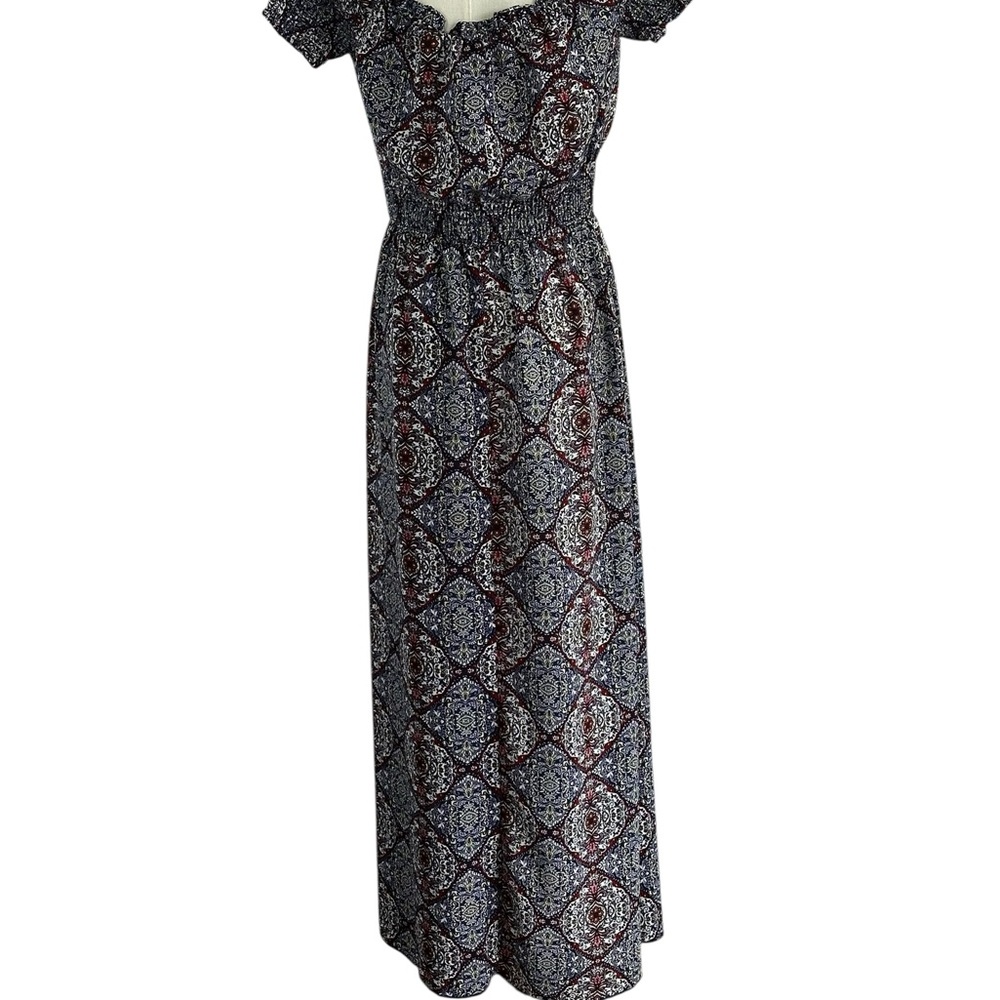 Bailey Blue Boho Off Shoulder Maxi Dress Paisley Tile Print Festival Cottagecore